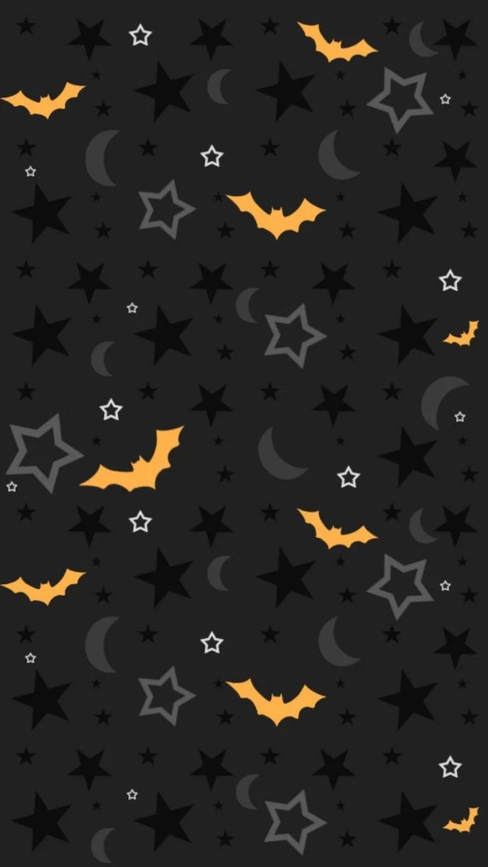 black background halloween phone wallpaper drawings of orange bats black stars grey crescent moons