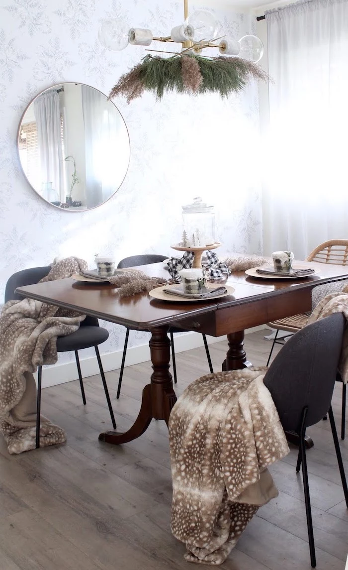 black chairs with blankets wooden table set for four people where to buy pampas grass on the chandelier