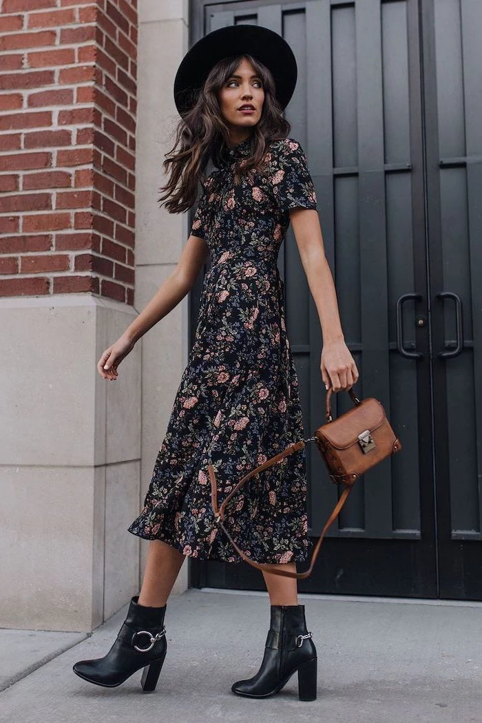 black leather boots midi black dress with pink flowers cute outfit ideas woman with long wavy black hair
