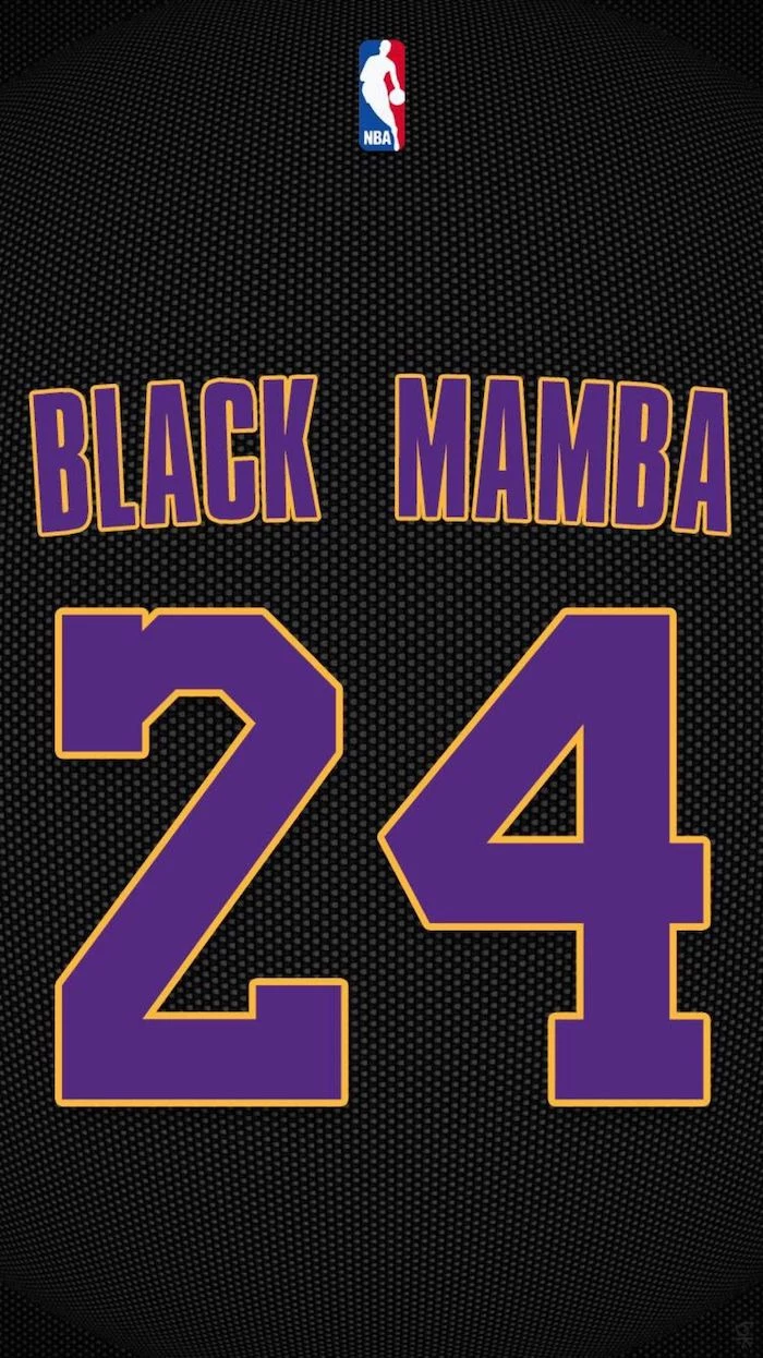 black mamba number twenty four written with purple letters with yellow outlines on black background kobe bryant wallpaper iphone nba logo on top