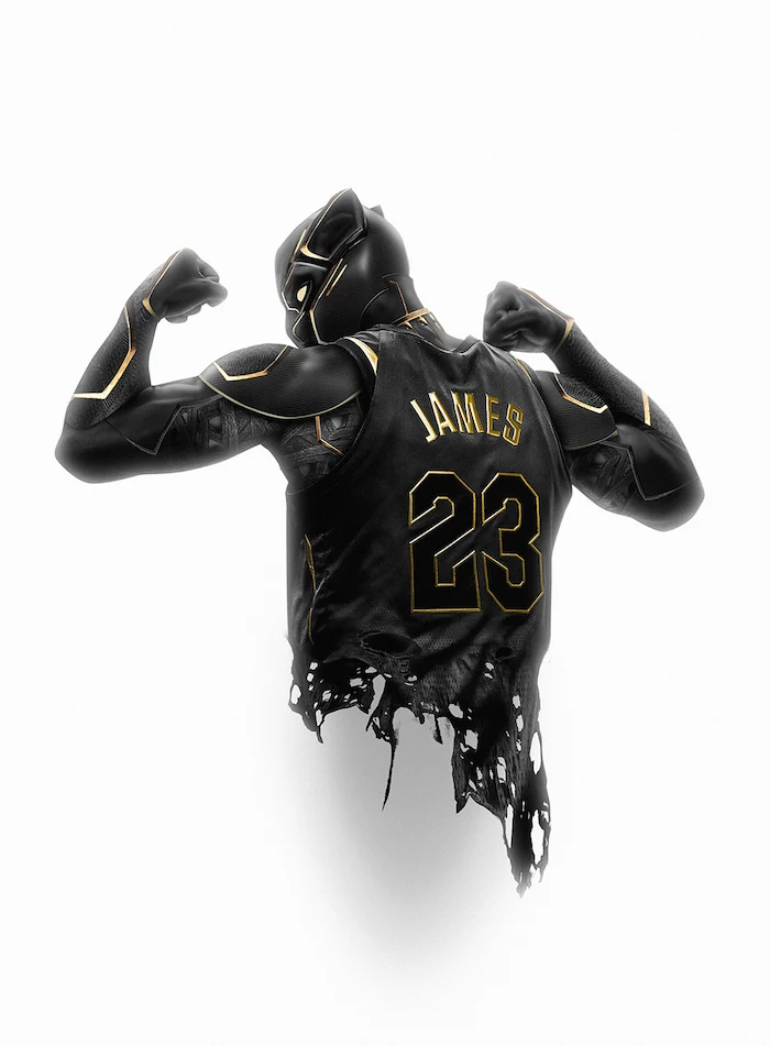 black panther flexing photographed from the back wearing black and gold lebron james jersey cool nba wallpapers white background