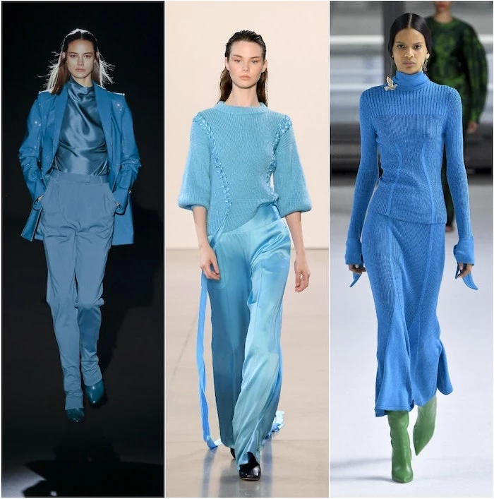 blue outfits worn by different models cute trendy outfits three side by side photos of models walking down the runway