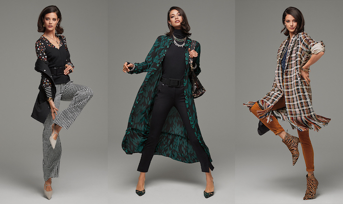 brunette woman wearing three different outfits cute trendy outfits three side by side photos different trousers and coats
