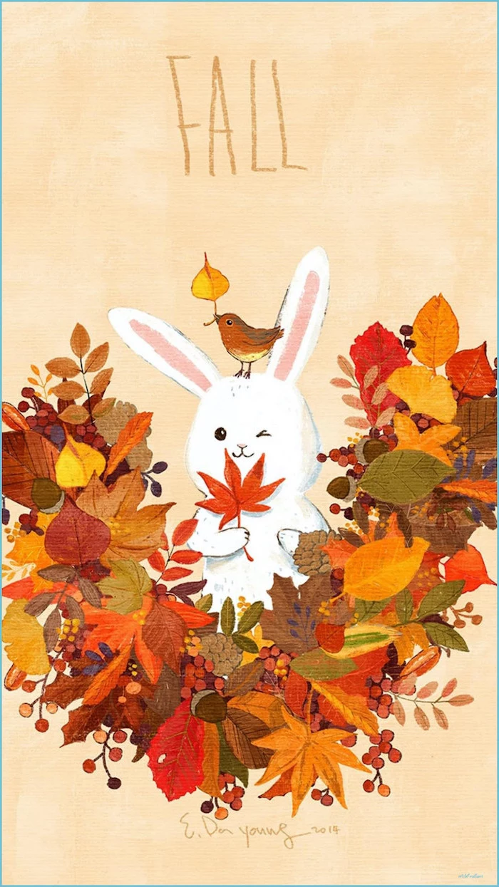 bunny drawing surrounded by orange green red yellow brown leaves pinecones autumn wallpaper iphone fall written above drawing