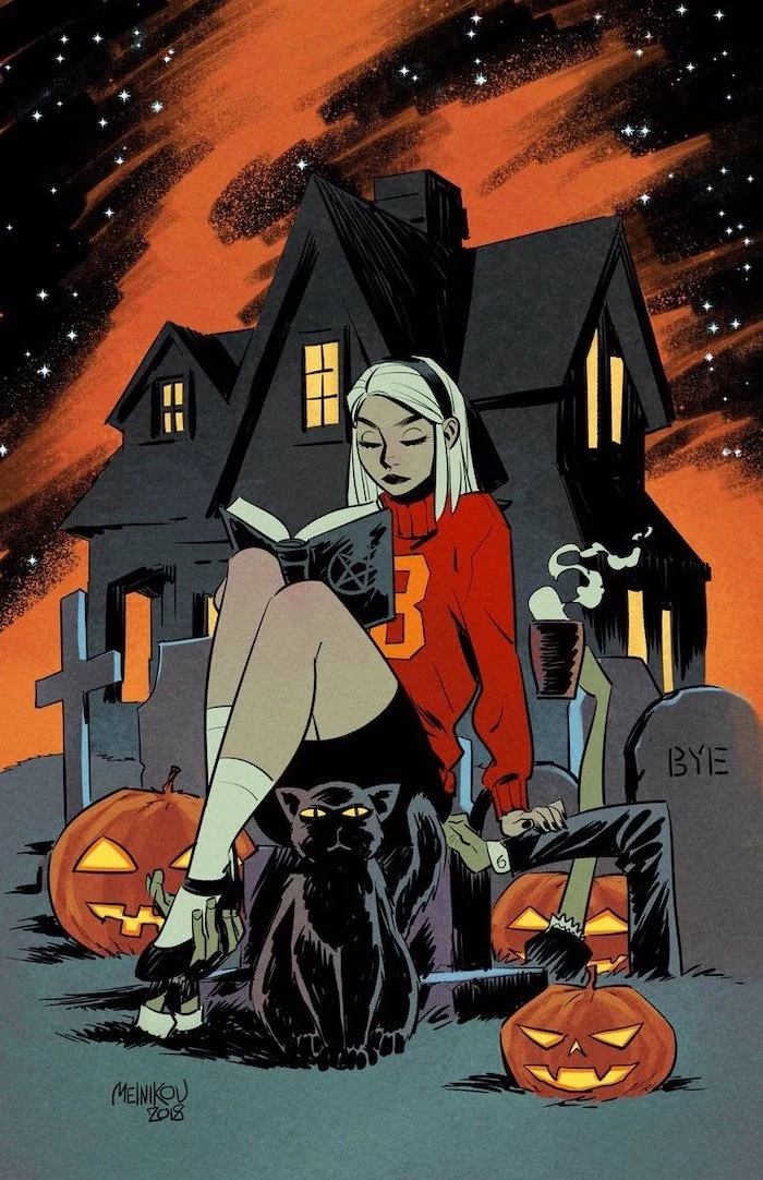 chilling adventures of sabrina the teenage witch scary halloween background drawing of spooky house girl sitting in the graveyard with black cat