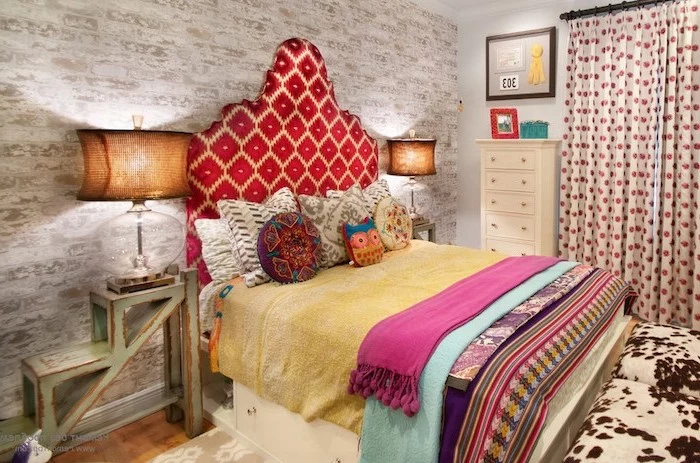 colorful headboard throw pillows and blankets on double bed room decor ideas for girls vintage night stand brick accent wall behind the bed