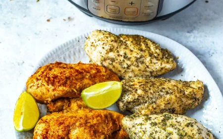 cooked chicken breasts with lime wedges on white plate best instant pot recipes placed in front of instant pot