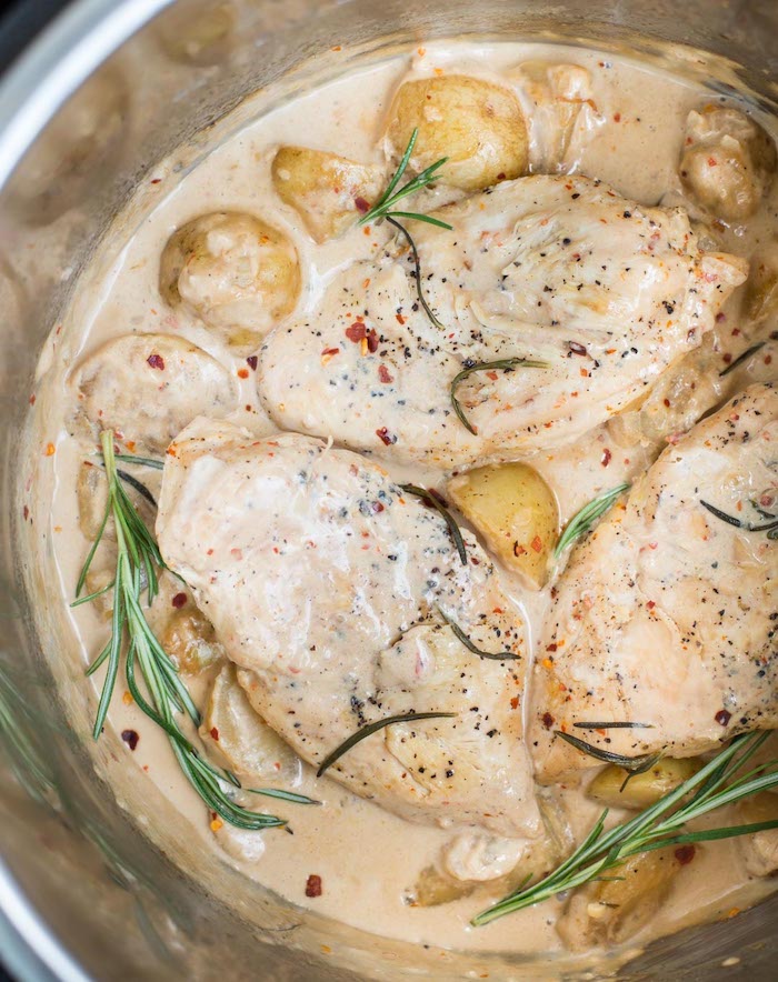 creamy balsamic chicken breasts cooked inside instant pot with potatoes rosemary healthy instant pot recipes