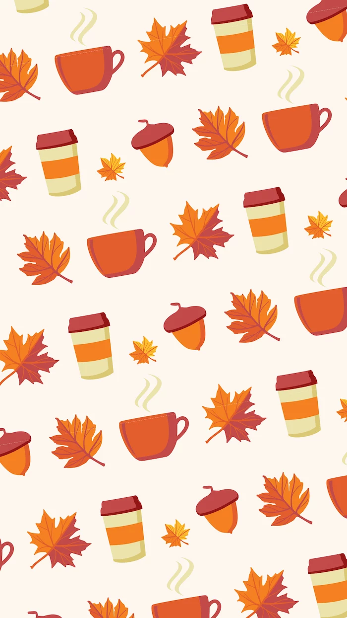 cute fall wallpaper iphone white background with drawings of orange leaves teas and coffee mugs