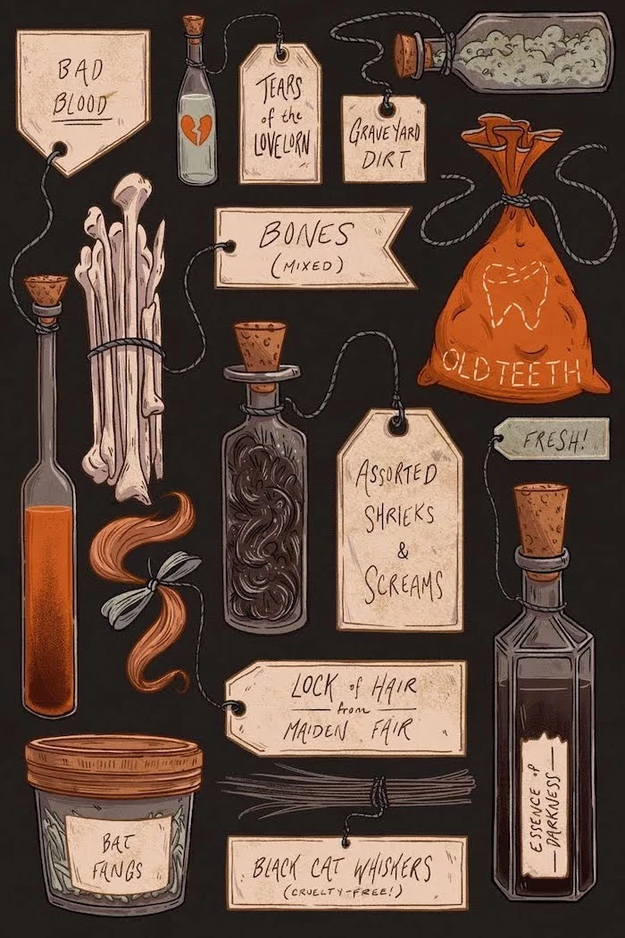 dark background halloween background images drawings of different ingredients to make potions in different bags bottles