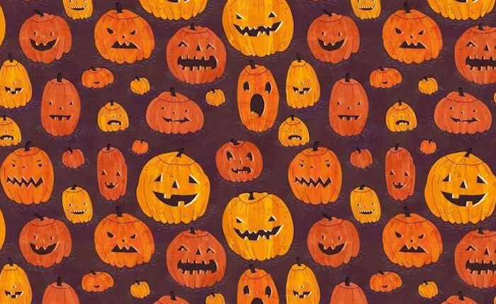 dark purple background drawings of carved pumpkins in different shades of orange halloween wallpaper with different expressions