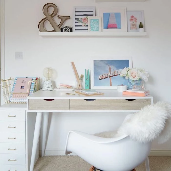 desk with drawers and white chair cute room ideas for a teenage girl wooden bookshelf on the wall with lots of framed art