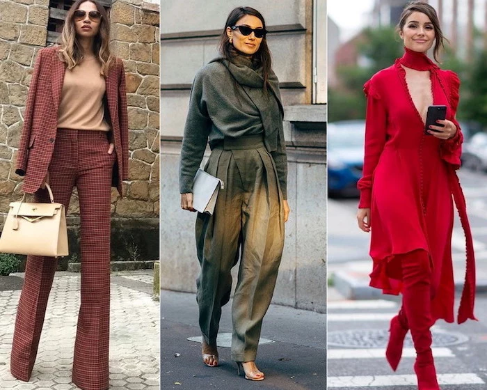 different outfits worn by three women walking down the sidewalk fall fashion trends three side by side photos