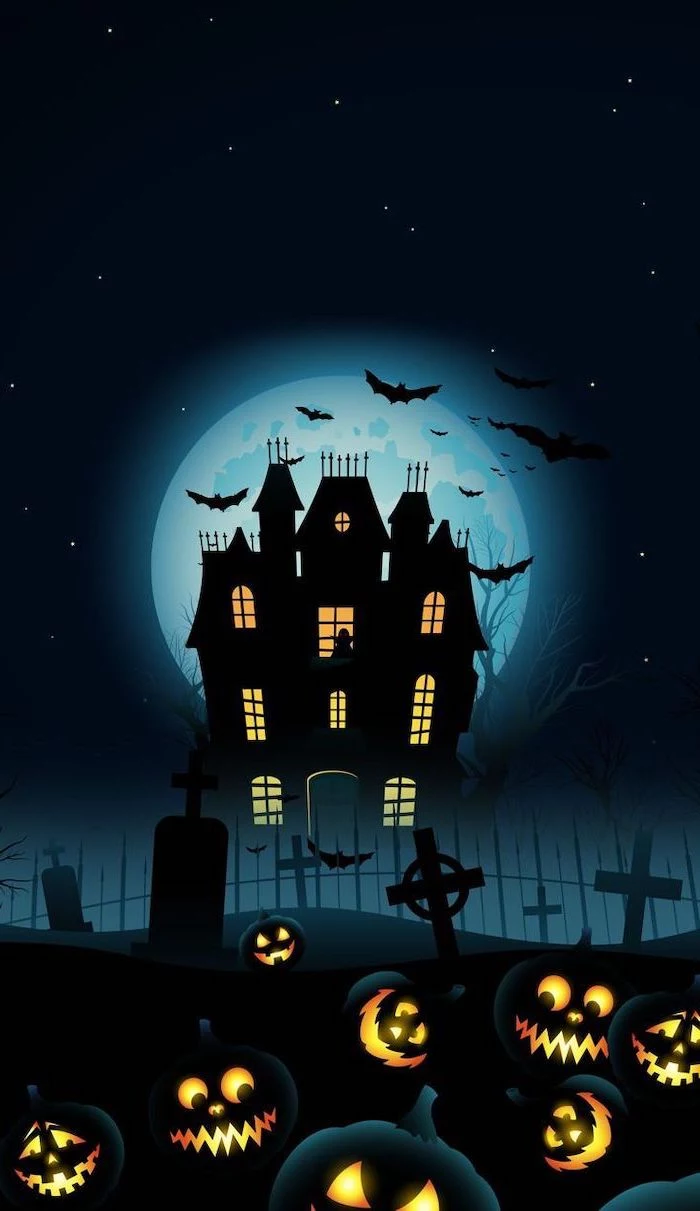 digital drawing of large spooky house with full moon behind it halloween phone wallpaper graveyard with jack o lanterns at the front