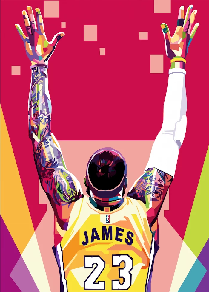 digital drawing of lebron james wearing lakers uniform hands up in the air lebron james background red background