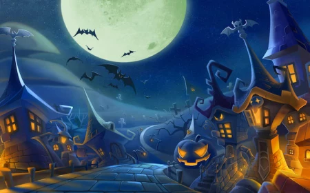 digital drawing of paved road with spooky houses on both sides halloween background full moon and bats in the sky