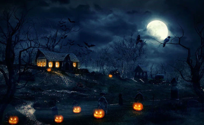 digital drawing of spooky house graveyard in front of it cute halloween wallpaper spooky trees and full moon jack o lanterns