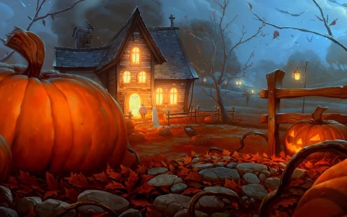 digital drawing of spooky house with a pumpkin patch in front of it halloween background dark sky tall trees