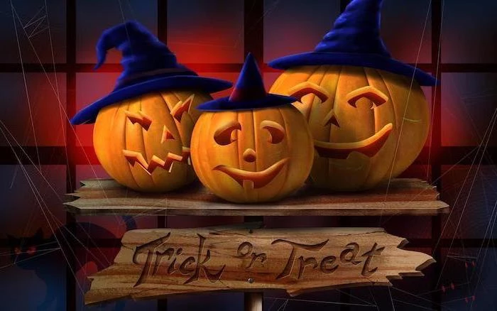 digital drawing of three carved pumpkins with dark blue hats halloween iphone wallpaper trick or treat wooden sign