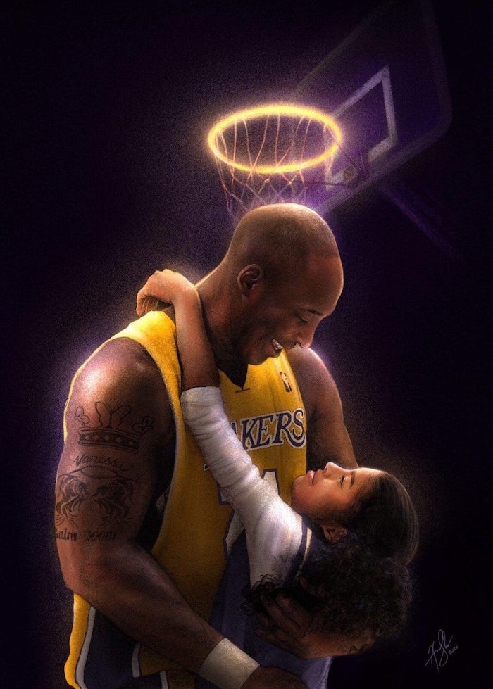 drawing of gigi and kobe bryant hugging kobe bryant wallpaper hd basketball hoope above them as a halo