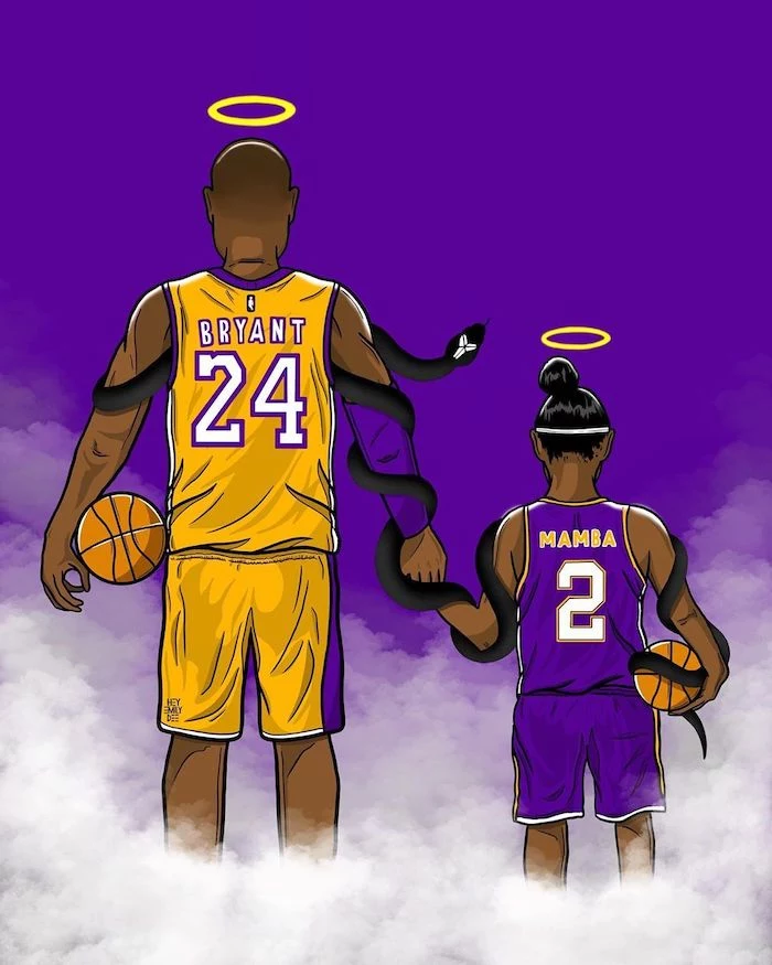 drawing of kobe and gigi bryant holding hands basketballs wrapped together by black mamba kobe and gigi wallpaper halos above their heads