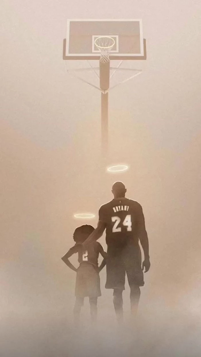 drawing of kobe and gigi bryant wearing number two and number twenty four jerseys standing under a basketball hoop nba wallpaper halos above their heads