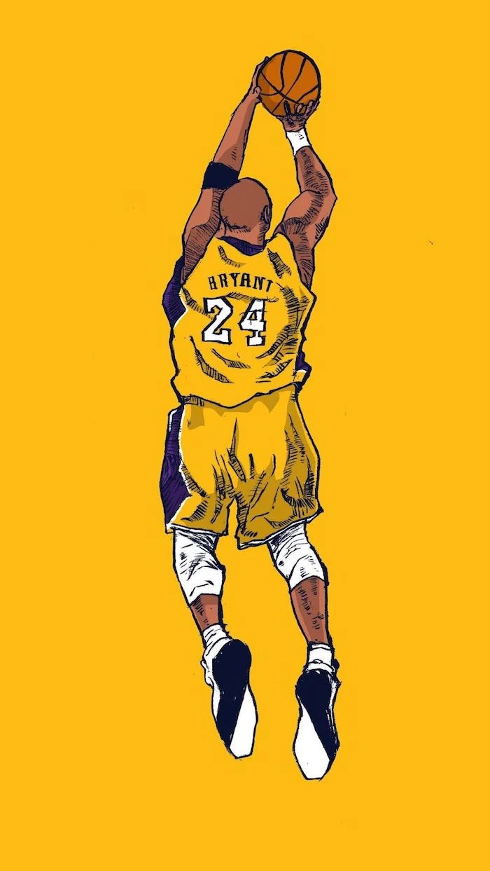 drawing of kobe in the air shooting the basketball wearing lakers jersey in purple and gold nba wallpaper yellow background