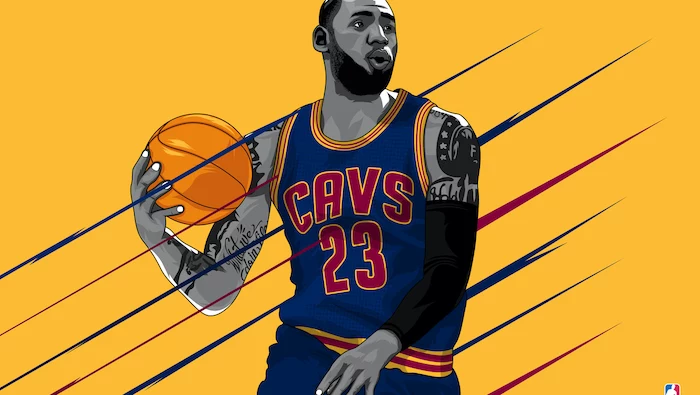 drawing of lebron james wearing cleveland cavaliers uniform holding a ball lakers wallpaper yellow background