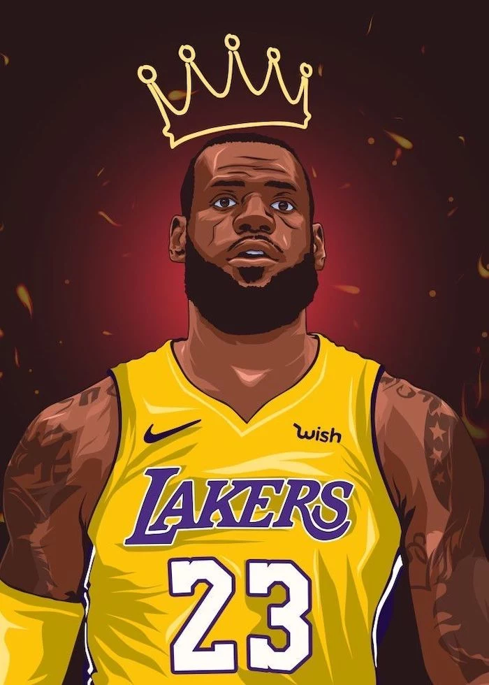 drawing of lebron wearing lakers uniform drawing of a crown above his head best basketball wallpapers red background