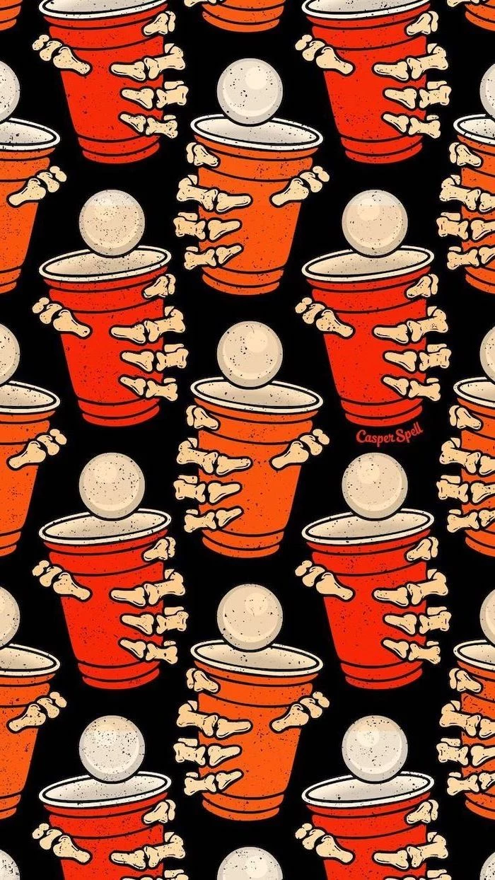 drawings of red and orange cups held by skeleton hands scary halloween background black background