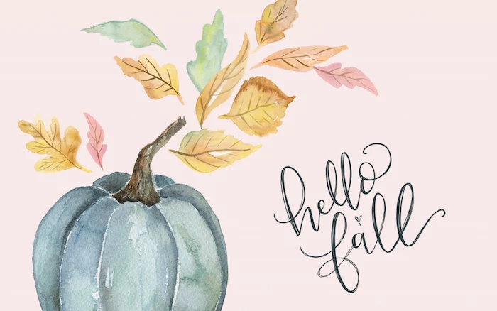 fall iphone wallpaper watercolor drawing of pumpkin with fall leaves around it hello fall written in cursive