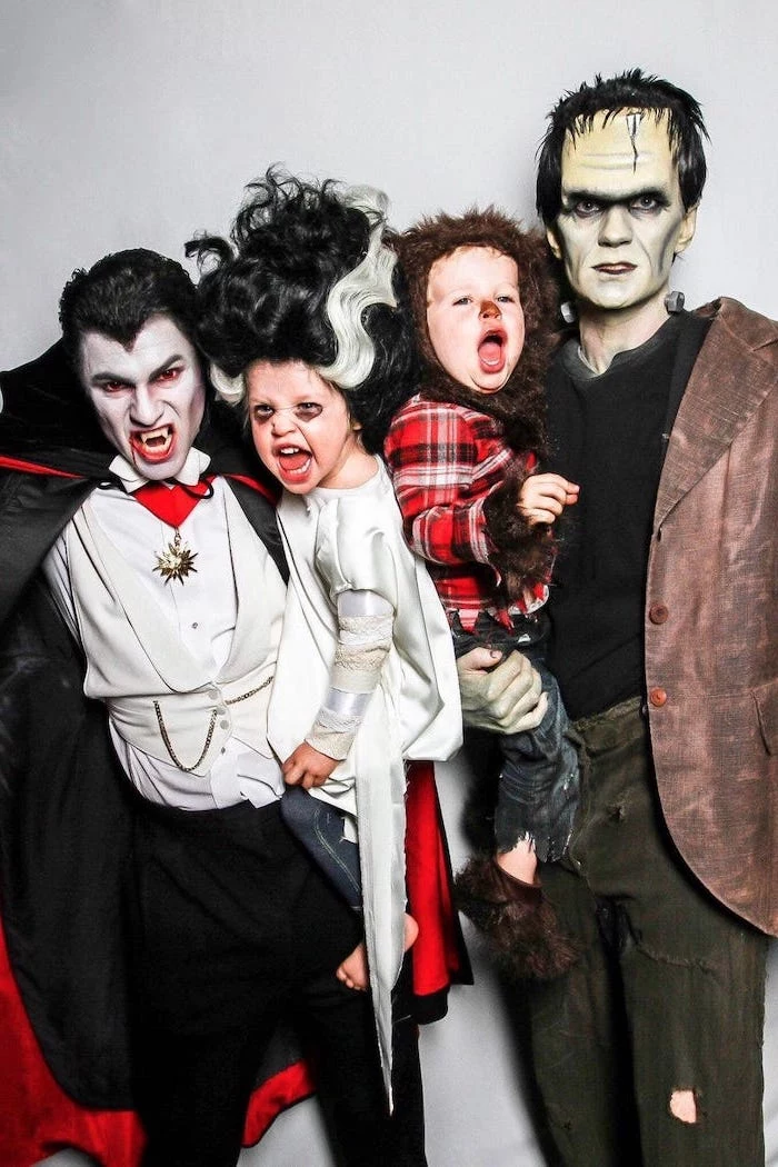 family halloween costumes david burtka neil patrick harris dressed as frankenstein and dracula babies as werewolf and vampire