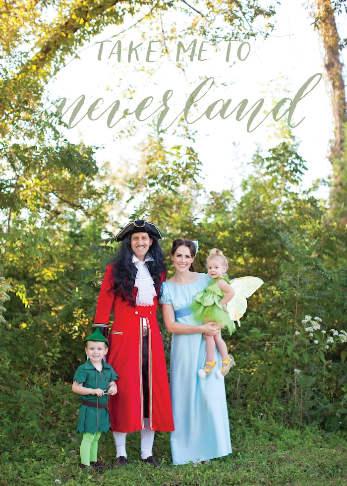 family halloween costumes with baby mom dad and two kids dressed as characters from peter pan tinkerbell captain hook wendy