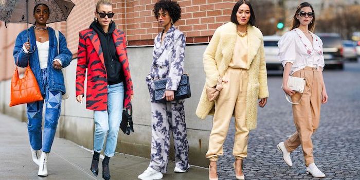 five women walking on the sidewalk wearing different fall outfits womens fall fashion photo collage