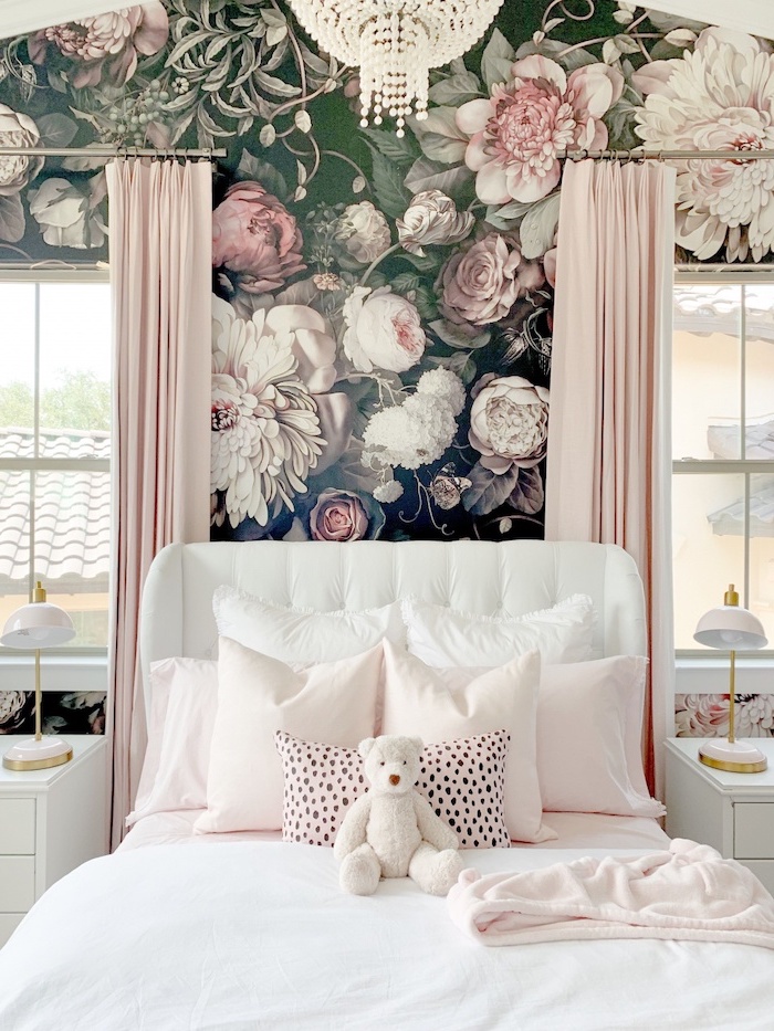 floral accent wall above the bed room decor ideas for teenage girl pink curtains and throw pillows on bed with white head board