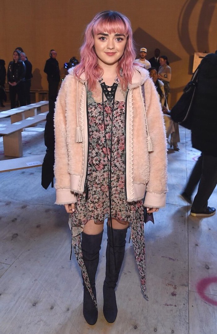 floral dress black coat knee high velvet boots worn by maisie williams outfit ideas for women shoulder length pink hair