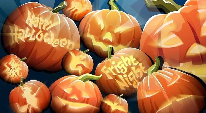 fright night happy halloween trick or treat written on pumpkins cute halloween wallpaper digital drawing of jack o lanterns