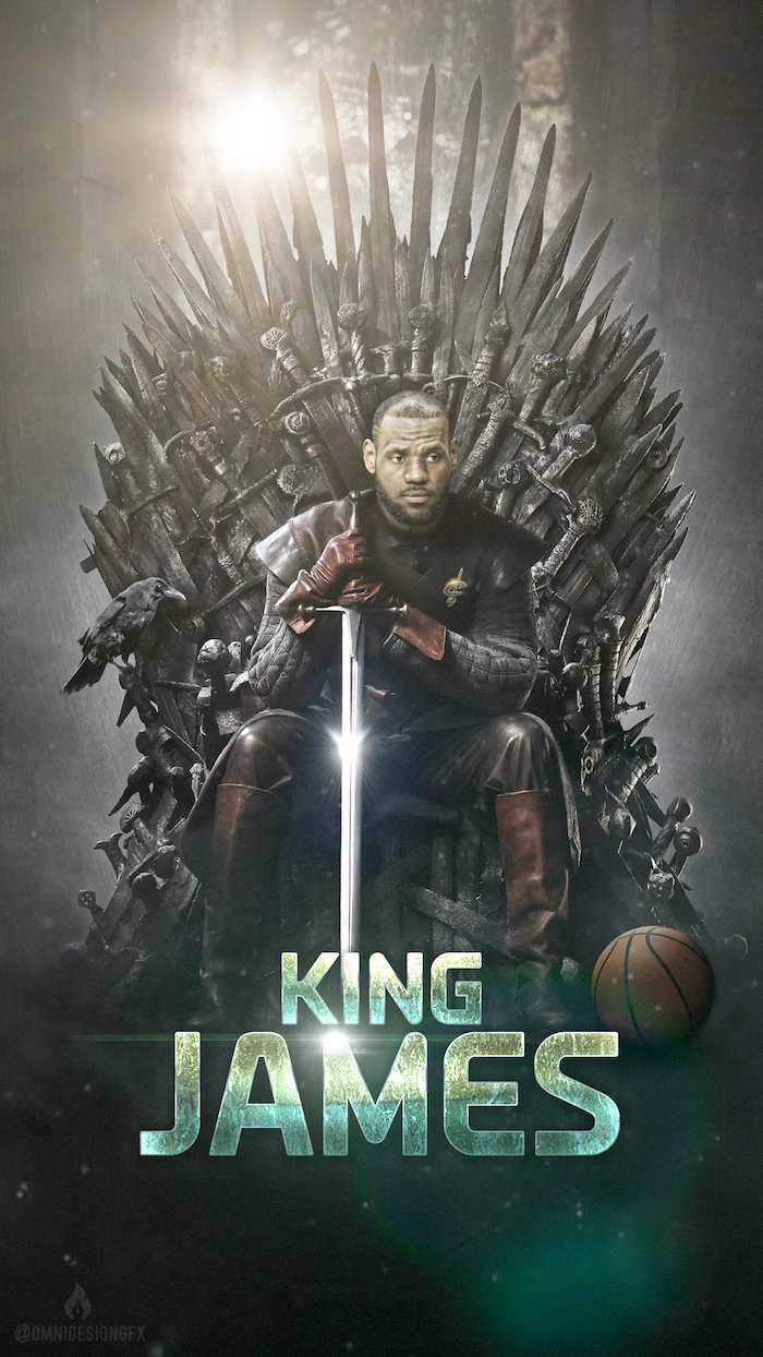 game of thrones throne lebron sitting on it holding a sword basketball at his feet lebron james pictures king james written underneath