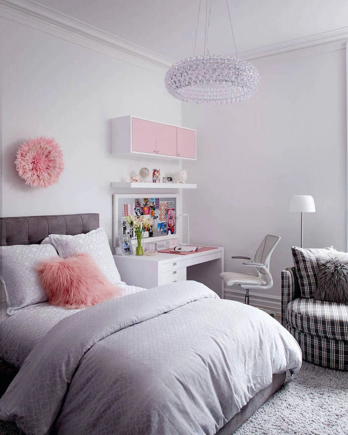 gray walls and bed linen pink throw pillow decor above the wall and cabinets white desk black and white armchair teenage girl beds