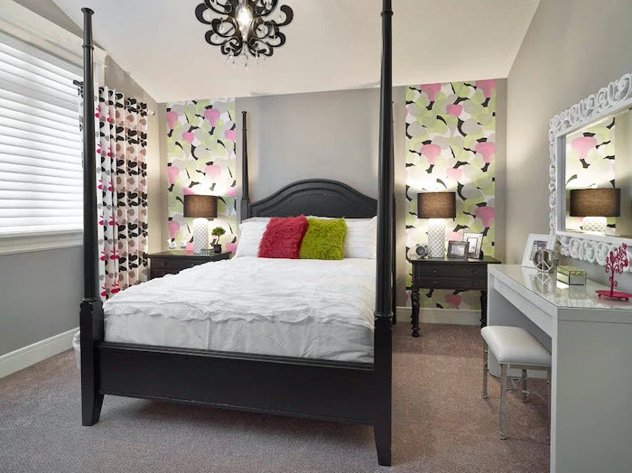 gray walls with colorful accents room decor ideas for teenage girl bed with wooden black frame gray carpet