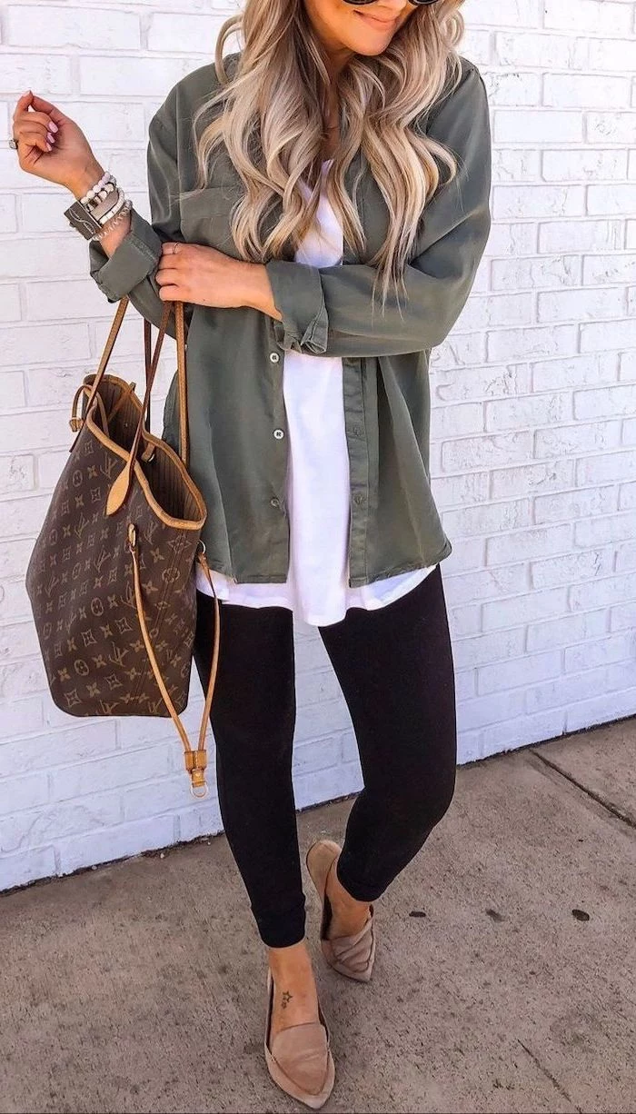 green shirt white top black leggings beige loafers louis vuitton bag worn by woman with long wavy blonde hair fall dresses for women