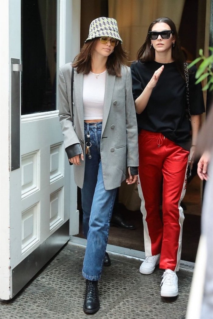 grey over sized blazer jeans white crop top worn by kaia gerber fall outfits for women bucket hat and black boots