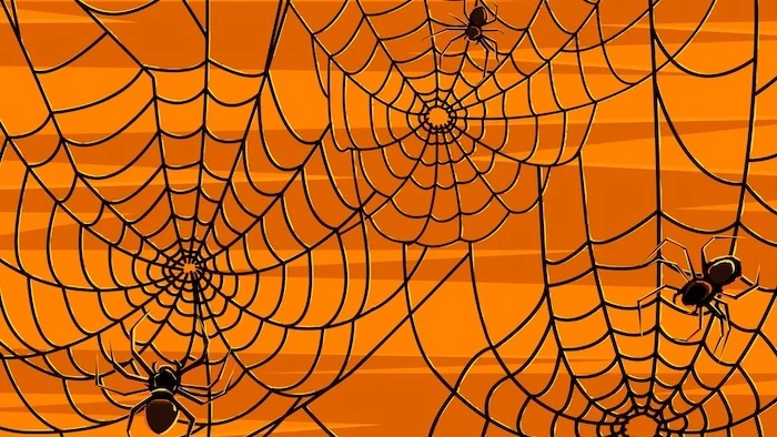 halloween wallpaper background in light and dark orange drawing of spider webs and spiders at the forefront