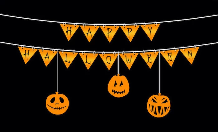 happy halloween orange banner drawing with three carved pumpkins hanging from it cute halloween wallpaper black background
