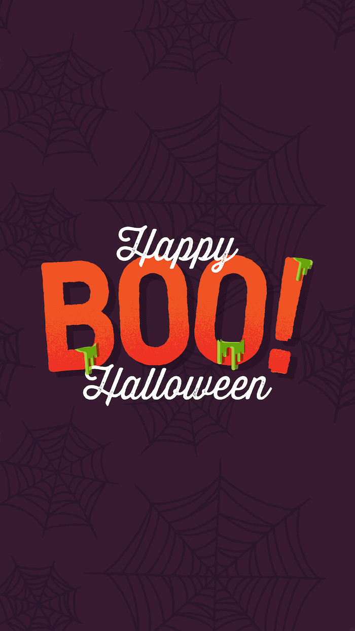 happy halloween written in white around the word boo written in orange scary halloween wallpaper purple background with spider webs