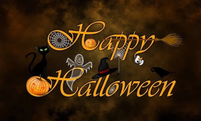 happy halloween written with orange letters halloween iphone wallpaper pumpkins ghost spider webs broom