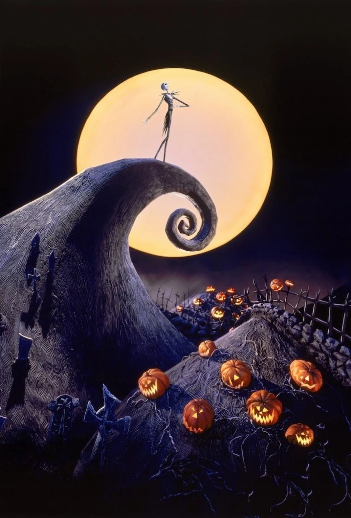 jack skellington from the nightmare before christmas standing on rock in front of full moon halloween background images over pumpkin patch