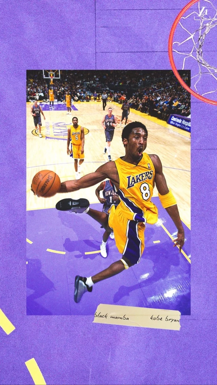 kobe in the air about to dunk the ball wearing number eight lakers uniform kobe bryant wallpaper iphone purple background