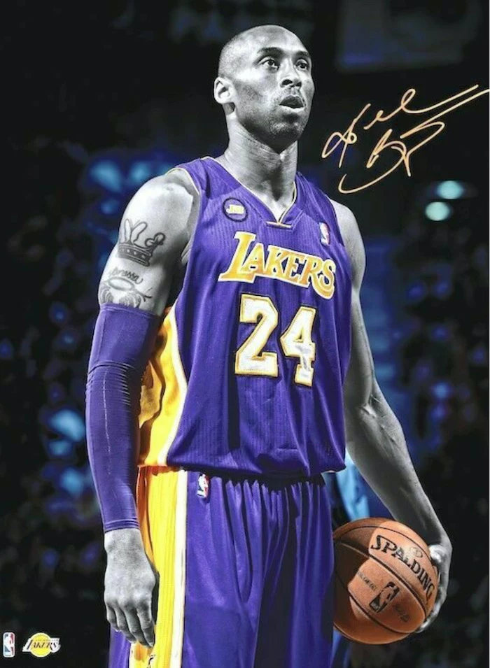 kobe wearing purple laers uniform purple arm sleeve holding a basketball kobe and gigi wallpaper photographed on the court his signature in the corner