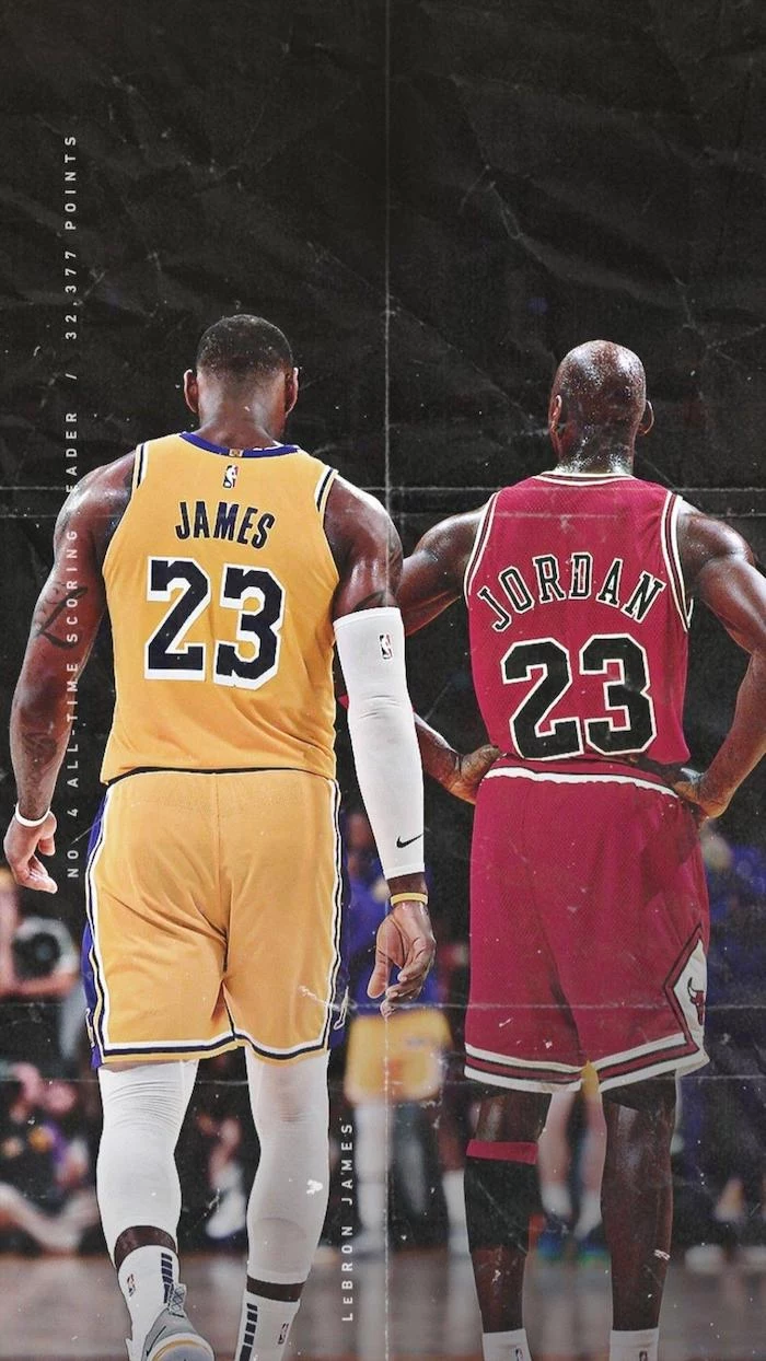 lebron james in lakers uniform michael jordan in chicago bulls uniform lebron james lakers wallpaper standing next to each other on the court
